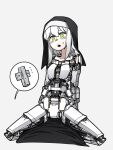  1girl :o android bangs english_commentary green_eyes grey_background habit highres humanoid_robot looking_ahead mechanical_parts medium_hair nun open_mouth original science_fiction solo squatting waffle_drink white_hair 