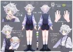  1boy absurdres androgynous character_profile character_sheet freckles full_body ghostcrown green_eyes highres nail_polish official_art pale_skin sharp_teeth sheep shirayume_lamru solo stuffed_toy teeth white_hair 