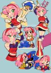  1girl 2boys absurdres amy_rose blue_hair bow character_name english_text green_eyes hammer highres historiaallen holding holding_hammer humanization looking_at_viewer medium_hair metal_sonic multiple_boys non-humanoid_robot pink_hair red_bow red_eyes robot sonic_(series) sonic_the_hedgehog 