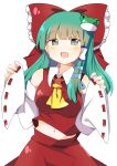  +_+ 1girl :d ascot bangs bare_shoulders bow collared_shirt cosplay cowboy_shot detached_sleeves eyebrows_visible_through_hair frog_hair_ornament green_eyes green_hair hair_bow hair_ornament hair_tubes hakurei_reimu hakurei_reimu_(cosplay) highres kochiya_sanae looking_at_viewer navel nontraditional_miko open_mouth red_bow red_shirt red_skirt ribbon-trimmed_sleeves ribbon_trim shirt simple_background skirt smile snake_hair_ornament solo standing touhou white_background wide_sleeves yellow_ascot zeroko-san_(nuclear_f) 