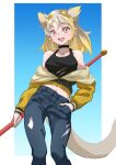  1girl :d absurdres bare_shoulders black_choker black_tank_top blonde_hair blue_background choker circlet commentary earrings gradient gradient_background gradient_hair grey_hair hand_in_pocket highres jacket jewelry kemono_friends long_hair long_sleeves looking_at_viewer multicolored_hair off_shoulder open_mouth pants pink_eyes simple_background smile solo son_goku_(kemono_friends) staff tail tanabe_(fueisei) tank_top torn_clothes torn_pants 
