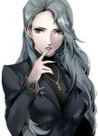  1girl arm_up black_nails blazer brown_eyes dangle_earrings earrings finger_to_mouth grey_jacket hair_behind_ear highres index_finger_raised jacket jewelry long_hair looking_at_viewer nail_polish necklace niijima_sae parted_lips persona persona_5 pertex_777 shiny silver_hair turtleneck upper_body white_background 