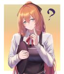  1girl 3_small_spiders ? absurdres apron bangs blush brown_apron closed_mouth eyebrows_visible_through_hair finger_to_cheek girls_frontline green_eyes hair_ribbon highres holding holding_tray long_hair looking_at_viewer neck_ribbon orange_hair ponytail red_ribbon ribbon shirt simple_background solo springfield_(girls&#039;_frontline) tray upper_body white_shirt 