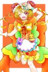  1girl :d back_bow blonde_hair blush bow brooch bun_cover cure_yum-yum delicious_party_precure double_bun drill_hair gloves green_bow hanamichi_ran hat hat_bow heart_brooch highres jewelry long_hair looking_at_viewer magical_girl melody1015jump mini_hat open_mouth precure red_eyes smile solo striped striped_bow twin_drills upper_body white_gloves 