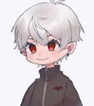  &gt;:) 1boy bangs black_jacket chibi closed_mouth earrings eyebrows_visible_through_hair fang fang_out grey_background grey_hair hair_between_eyes jacket jewelry kiduta_cielo kuzuha_(nijisanji) male_focus mole mole_under_eye nijisanji pointy_ears red_eyes simple_background smile solo track_jacket upper_body v-shaped_eyebrows virtual_youtuber 