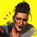 1girl apex_legends artist_name black_eyeshadow black_lips brown_eyes brown_hair eyeshadow facial_mark fur_trim highres lightning_bolt_symbol looking_to_the_side mad_maggie_(apex_legends) makeup noush open_mouth portrait smile solo yellow_background 