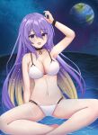  1girl absurdres bikini blue_nails breasts choker earrings earth_(planet) fang gradient_hair highres hololive hololive_indonesia jewelry large_breasts long_hair moona_hoshinova multicolored_hair navel planet purple_hair raven_genesis single_earring sitting space swimsuit violet_eyes virtual_youtuber water white_bikini 
