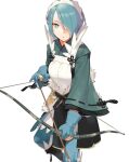 1girl arrow_(projectile) blue_eyes blue_hair bow_(weapon) conto fire_emblem fire_emblem_fates fur_trim gloves hair_ornament hair_over_one_eye headdress highres holding holding_bow_(weapon) holding_weapon long_bangs long_sleeves looking_at_viewer parted_lips setsuna_(fire_emblem) short_hair solo weapon white_background wide_sleeves 