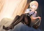  1girl bag bare_shoulders black_legwear blonde_hair blouse blue_eyes casual eyebrows_visible_through_hair finger_to_mouth frills handbag highres hololive hololive_english medium_hair no_shoes official_alternate_costume pantyhose philo_324 side_ponytail sitting skirt soles solo virtual_youtuber watson_amelia zipper 