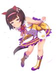  1girl animal_ears arms_behind_back bent_over black_hair blush commentary_request full_body highres horse_ears horse_girl horse_tail looking_at_viewer nishino_flower_(umamusume) short_hair simple_background smile solo susutaketakumi tail umamusume violet_eyes white_background 