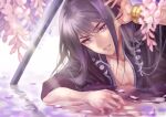  1boy bishounen black_hair black_shirt bracelet itsuki_(strife_ninnin) jewelry long_hair looking_at_viewer male_focus parted_lips partially_submerged petals planted planted_sword shirt signature solo sword tales_of_(series) tales_of_vesperia violet_eyes water weapon yuri_lowell 