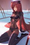  1girl adapted_costume bangs bident bodysuit breasts cosplay covered_navel evangelion:_2.0_you_can_(not)_advance fate/grand_order fate_(series) hair_between_eyes hairpods highres lance_of_longinus long_hair looking_at_viewer medium_breasts neon_genesis_evangelion plugsuit purple_bodysuit purple_hair rebuild_of_evangelion red_eyes revision scathach_(fate) siino sitting small_breasts solo souryuu_asuka_langley souryuu_asuka_langley_(cosplay) test_plugsuit thighs wariza younger 