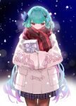  1girl bangs box braid coat cowboy_shot dated eyebrows_visible_through_hair gift gift_box green_hair hair_ornament highres holding holding_gift hololive kintotomaturi long_hair looking_at_viewer pout red_eyes ribbon_trim scarf scarf_over_mouth snowing solo uruha_rushia virtual_youtuber 
