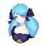  1girl antenna_hair bangs black_bow blue_hair bow breasts ciirilla_(sullendaisy) collarbone drill_hair green_eyes gwen_(league_of_legends) hair_bow hair_ornament highres league_of_legends long_hair looking_at_viewer medium_breasts shiny shiny_hair simple_background smile solo twin_drills twintails white_background x_hair_ornament 