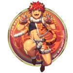  1boy bare_legs brown_legwear english_commentary gloves highres looking_at_another lvlv male_focus muscular_shota orange_eyes original red_eyes shorts solo tail teeth 
