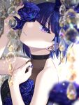  1girl bangs bare_shoulders black_choker blue_flower blue_rose blunt_bangs blurry blurry_foreground bokeh choker collarbone commentary_request dark_blue_hair depth_of_field ear_piercing eyelashes flower gem hand_on_own_chest hand_up head_tilt highres jenevan looking_at_viewer nail_polish one_eye_covered original parted_lips piercing purple_flower purple_hair purple_rose rose shaded_face short_hair solo sparkle upper_body violet_eyes 