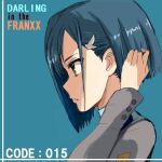  1girl adjusting_hair asymmetrical_hair bangs blue_background blue_hair bob_cut bump_(silk0423) character_name close-up commentary copyright_name darling_in_the_franxx dress from_side green_eyes grey_dress hair_ornament hairclip hand_up ichigo_(darling_in_the_franxx) looking_ahead lowres parted_lips profile short_hair simple_background solo uniform 