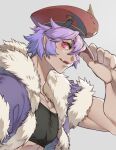  1boy bangs black_shirt commentary_request crop_top eriku_(aoi_tori) fang fur-trimmed_jacket fur_trim grey_background hair_between_eyes hat jacket male_focus muscular muscular_male open_clothes open_jacket open_mouth peaked_cap purple_hair purple_jacket ragnarok_online red_headwear shirt short_hair short_sleeves simple_background solo stalker_(ragnarok_online) upper_body 