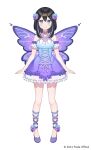  1girl absurdres arms_at_sides bangs black_hair blue_eyes closed_mouth copyright copyright_name dress fairy_wings flower frilled_dress frills hair_flower hair_ornament hanabi_lafy highres looking_at_viewer official_art pixela_project shoes simple_background smile solo standing virtual_youtuber white_background wings yushima 