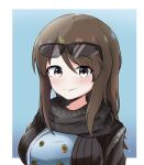  1girl armorganger bangs black-framed_eyewear black_scarf blue_background blue_jacket blush border brown_eyes brown_hair closed_mouth commentary eyebrows_visible_through_hair eyewear_on_head girls_und_panzer highres jacket long_hair looking_at_viewer mika_(girls_und_panzer) no_hat no_headwear outside_border portrait scarf smile solo sunglasses textless white_border 