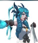  1girl bangs bare_shoulders black_bow black_gloves bow clothes_lift dress dress_lift drill_hair gloves green_eyes green_hair grey_dress gwen_(league_of_legends) hair_bow hands_up highres holding holding_scissors league_of_legends looking_at_viewer oversized_object parted_lips scissors simple_background solo star-shaped_pupils star_(symbol) symbol-shaped_pupils teeth twin_drills twintails white_background yangss_(2368139115) 