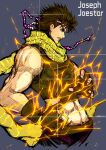 1boy abs absurdres bare_shoulders battle_tendency blue_eyes brown_hair crop_top electricity fingerless_gloves fxdjia1995 gloves green_scarf headband highres jojo_no_kimyou_na_bouken joseph_joestar joseph_joestar_(young) male_focus midriff profile scarf solo striped striped_scarf triangle_print vertical-striped_scarf vertical_stripes 