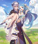  1boy 1girl blue_eyes blue_hair braid breasts carrying carrying_person character_request closed_mouth clouds copyright_request dress frilled_dress frills hair_ribbon highres horns long_hair meadow medium_breasts open_mouth princess_carry red_eyes ribbon shoes silver_hair sky smile standing teffish 