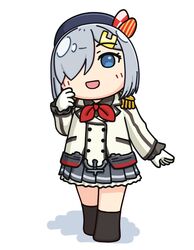  blue_eyes chibi cosplay epaulettes full_body gloves hair_ornament hair_over_one_eye hairclip hama!_(3toshinhmkz) hamakaze_(kancolle) hat kantai_collection kashima_(kancolle) kashima_(kancolle)_(cosplay) kerchief military military_jacket military_uniform miniskirt neckerchief pleated_skirt red_neckerchief short_hair silver_hair skirt smile uniform white_gloves 