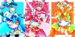  3girls :d absurdres apron blonde_hair blue_bow blue_eyes blue_hair bow bun_cover character_name chestnut_mouth choker column_lineup copyright_name cure_precious cure_spicy cure_yum-yum delicious_party_precure detached_collar double_bun earrings flower fuwa_kokone gloves hair_flower hair_ornament hanamichi_ran hat hat_bow heart_brooch highres jewelry long_hair looking_at_viewer magical_girl melody1015jump mini_hat multiple_girls nagomi_yui open_mouth pink_bow pink_choker pink_hair precure red_eyes short_hair smile upper_body violet_eyes 