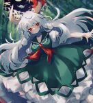  1girl ayahi_4 bamboo bamboo_forest bangs blurry bow closed_mouth depth_of_field dress ex-keine eyebrows_visible_through_hair forest green_dress grey_hair highres horn_bow horn_ornament horns kamishirasawa_keine long_hair looking_at_viewer nature night night_sky outdoors red_bow red_eyes short_sleeves sky solo touhou 