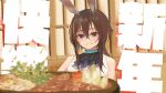  1girl absurdres amiya_(arknights) animal_ear_fluff animal_ears arknights bangs bare_shoulders blue_eyes blurry blurry_background blurry_foreground brown_hair depth_of_field eyebrows_visible_through_hair food grin hair_between_eyes highres linchuanzelaip long_hair looking_at_viewer parted_lips rabbit_ears shirt sleeveless sleeveless_shirt smile solo translation_request upper_body white_shirt 