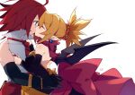  1boy 1girl absurdres adell_(disgaea) ahoge artist_name back backless_dress backless_outfit bare_back bare_shoulders bat_wings black_gloves black_wings blonde_hair blue_eyes bow chinese_commentary closed_eyes closed_mouth detached_sleeves disgaea dress dress_bow earrings eyebrows_visible_through_hair from_side gloves hetero highres huge_ahoge jewelry kiss long_sleeves makai_senki_disgaea_2 necktie pointy_ears pupa_jiang red_necktie redhead ring rozalin short_hair simple_background white_background wings yellow_bow 