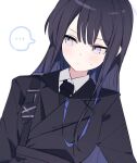  ... 1girl alternate_costume bangs black_coat black_hair black_necktie blue_archive closed_mouth coat light_blue_eyes light_blush looking_away multicolored_hair necktie saori_(blue_archive) shirt simple_background solo speech_bubble upper_body white_background white_shirt ymm007xx 