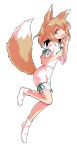  1girl animal_ears bangs blonde_hair bow breasts dairi eyebrows_visible_through_hair flying fox_ears fox_tail from_side green_bow hair_between_eyes hands_up kudamaki_tsukasa looking_at_viewer no_shoes open_mouth orange_eyes romper short_hair short_sleeves simple_background small_breasts socks solo standing tachi-e tail touhou transparent_background white_legwear white_sleeves 