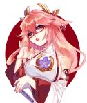  1girl animal_ears bespectacled detached_sleeves earrings english_commentary fox_ears genshin_impact glasses highres japanese_clothes jewelry kimono long_hair low-tied_long_hair lucerna_lunam miko pink_hair pink_nails priestess red-framed_eyewear solo violet_eyes yae_miko 