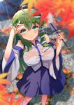  1girl absurdres ahoge arm_up autumn_leaves bangs blue_eyes blue_skirt blush breasts closed_mouth commentary_request covered_nipples day detached_sleeves feet_out_of_frame fingernails frog_hair_ornament gohei green_hair hair_between_eyes hair_ornament highres holding holding_stick kochiya_sanae large_breasts long_hair long_sleeves looking_at_viewer maruichi0one no_bra nontraditional_miko outdoors rain shiny shiny_hair shirt skirt snake_hair_ornament solo standing stick touhou water_drop wet wet_clothes wet_hair wet_shirt wide_sleeves 