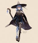  1girl blue_eyes blue_hair boots cloak commentary_request crystal dated elbow_gloves fantasy full_body gloves hat highres holding holding_staff kumomachi original short_hair simple_background single_elbow_glove single_thigh_boot solo staff thigh_boots translucent_skin witch witch_hat 