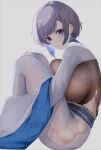  1girl absurdres azur_lane bangs bodystocking breasts clothing_cutout commentary_request eyebrows_visible_through_hair grey_hair highres large_breasts long_skirt looking_at_viewer mippei official_alternate_costume parted_lips partial_commentary reno_(azur_lane) reno_(spring&#039;s_inspiration)_(azur_lane) short_hair shrug_(clothing) sidelocks simple_background sitting skirt solo thigh_cutout violet_eyes white_background white_skirt white_sleeves wide_sleeves 