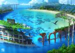  abandoned animal bird blue_sky clouds commentary_request day flood highres horizon no_humans ocean original outdoors overgrown palm_tree post-apocalypse ruins scenery sign sky stadium tokyogenso tree water 