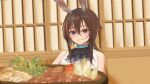  1girl absurdres amiya_(arknights) animal_ear_fluff animal_ears arknights bangs bare_shoulders blue_eyes blurry blurry_background blurry_foreground brown_hair commentary_request depth_of_field eyebrows_visible_through_hair food grin hair_between_eyes highres linchuanzelaip long_hair looking_at_viewer parted_lips rabbit_ears shirt sleeveless sleeveless_shirt smile solo upper_body white_shirt 