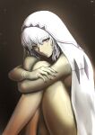 152_in_can 1girl absurdres altera_(fate) bangs black_nails bracelet crossed_arms eyebrows_visible_through_hair fate/grand_order fate_(series) hair_between_eyes highres hugging_own_legs jewelry looking_at_viewer nail_polish nude red_eyes short_hair silver_hair sitting solo 