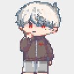  1boy bangs black_jacket chibi closed_mouth drawstring full_body grey_background grey_pants hair_over_one_eye jacket kiduta_cielo long_sleeves looking_at_viewer lowres male_focus nijisanji pants pixel_art red_eyes simple_background solo sweatpants track_jacket virtual_youtuber white_hair 