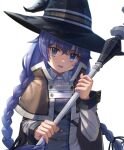  1girl :d absurdres bangs black_headwear black_ribbon blue_eyes blue_hair braid brown_cape cape collared_shirt floating_hair hair_between_eyes hair_ribbon hat highres holding holding_staff long_hair long_sleeves looking_at_viewer mushoku_tensei ribbon roxy_migurdia shirt smile solo staff twin_braids tyasuzu upper_body very_long_hair white_background white_shirt wing_collar witch_hat 