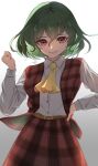  1girl absurdres arm_up bangs belt blush brown_belt buckle buttons eyelashes gradient gradient_background green_hair grey_background hand_on_hip highres kazami_yuuka lips palulap parted_lips plaid plaid_skirt red_eyes red_vest shirt short_hair skirt smile solo standing teeth touhou vest white_shirt 