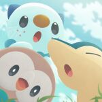  :o black_eyes closed_eyes clouds commentary_request cyndaquil day from_below kinokorin no_humans open_mouth oshawott outdoors pokemon pokemon_(creature) rowlet sky starter_pokemon_trio tongue 