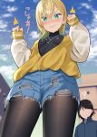  &gt;:) 1boy 1girl ? ^^^ bangs black_hair black_legwear black_shirt blonde_hair blue_jacket blue_shorts blue_sky blurry blurry_background blush breasts brown_jacket building clenched_hands closed_mouth clouds cloudy_sky commentary_request day denim denim_shorts depth_of_field earrings eyebrows_visible_through_hair faceless faceless_male from_below gradient_hair green_eyes green_hair grey_shirt gurande_(g-size) hair_between_eyes hands_up highres jacket jewelry legwear_under_shorts long_sleeves looking_at_viewer looking_down multicolored_hair necklace nose_blush original outdoors pantyhose puffy_long_sleeves puffy_sleeves shirt short_shorts shorts sky sleeves_past_wrists small_breasts smile standing star_(symbol) star_in_eye star_necklace symbol_in_eye torn_clothes torn_shorts translation_request v-shaped_eyebrows 