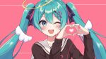  1girl absurdres alternate_costume angel angel_wings blue_eyes blue_hair halo hatsune_miku header heart heart_hands highres looking_at_viewer noneon319 one_eye_closed open_mouth sailor_collar school_uniform smile solo thread twintails vocaloid wings 