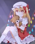  1girl bangs blonde_hair bow closed_mouth convenient_leg crystal expressionless eyebrows_visible_through_hair feet_out_of_frame flandre_scarlet frilled_shirt_collar frills hair_between_eyes hair_bow hat highres holding holding_stuffed_toy kneehighs knees_together_feet_apart light_blush light_particles light_rays medium_hair mob_cap one_side_up petticoat puffy_short_sleeves puffy_sleeves red_bow red_eyes red_skirt red_vest sasaki_sakiko short_sleeves sitting skirt solo stuffed_animal stuffed_toy teddy_bear touhou vest white_headwear white_legwear wings 