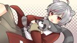  1boy animal_ears arai_mikuma blush fang highres indie_virtual_youtuber male_focus official_art pale_skin raccoon raccoon_boy raccoon_ears raccoon_tail red_eyes scarf solo stuffed_toy tail virtual_youtuber white_hair 