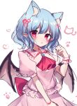  1girl animal_ears ascot bangs bat_wings cat_ears closed_mouth eyebrows_visible_through_hair hair_ribbon highres light_blue_hair looking_at_viewer moshihimechan paw_print pointy_ears puffy_short_sleeves puffy_sleeves red_ascot red_eyes remilia_scarlet ribbon short_hair short_sleeves simple_background solo touhou upper_body white_background wings wrist_cuffs 